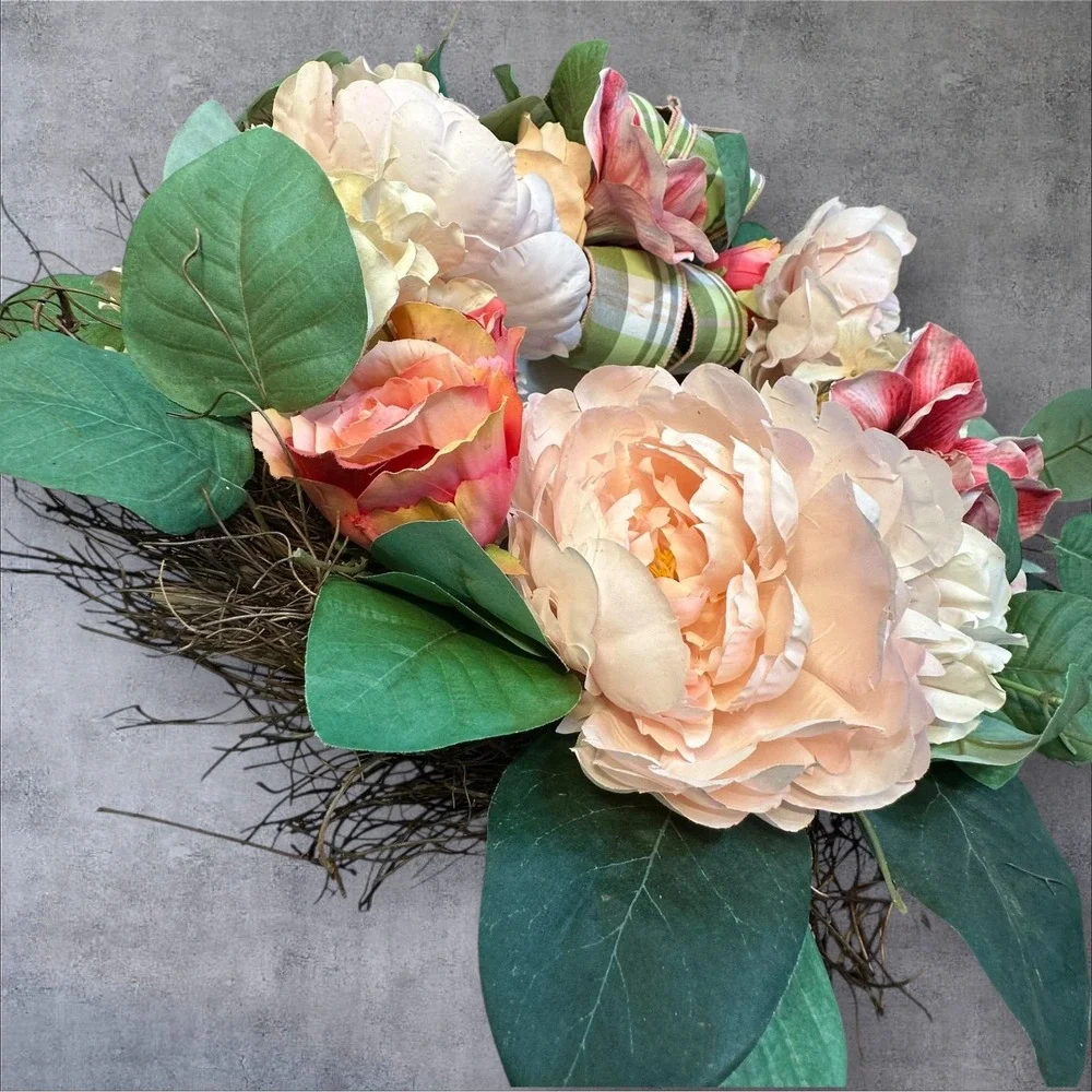 Spring‎ Floral Wreath Peony Hydrangea Faux Flowers Green Plaid Bow 22